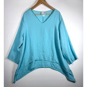 LA Fixsun Linen Blouse Womens Large Blue V Neck Dipped Hem Made in USA Lagenlook